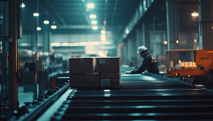 Poster - Factory Conveyor Belt System Transports Cardboard Boxes Efficiently at Night