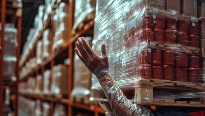 Poster - Warehouse Worker Carefully Lifts a Pallet of Goods Wrapped in Plastic, Efficiently Managing Inventory in a Busy Storage Facility