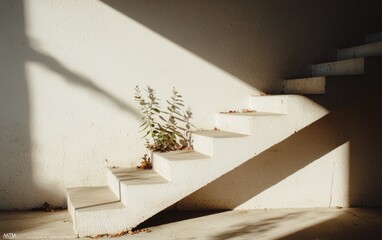 Poster - Small Green Plant Growing on White Concrete Staircase with Harsh Sunlight and Shadows