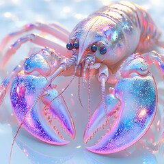 Poster - Close-up of a digitally rendered iridescent lobster. Dreamy pastel colors. Detailed Animal isolated on white background. Iridescent Lobster