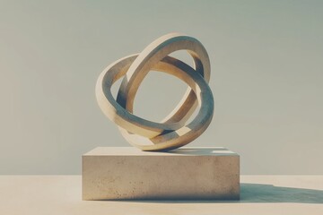 Poster - Abstract sculpture of interconnected circles, smooth texture on pedestal, modern art design with curved shapes and a neutral light gray background, artistic shapes