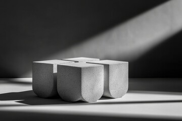 Poster - A group of four minimalist gray concrete blocks arranged as a modern art installation casting shadows against a dark backdrop in a studio setting.