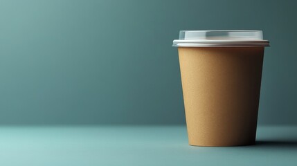Aufkleber - A brown paper coffee cup stands on a soft blue surface, catching the light softly. This setup radiates a cozy ambiance ideal for enjoying a warm beverage.