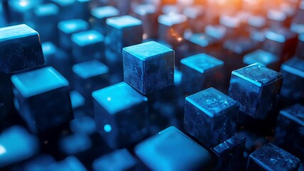 Poster - A surreal depiction of levitating blue cubes suspended in a virtual, futuristic digital space with glowing effects