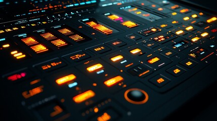 Futuristic control panel with illuminated buttons and digital displays.