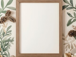 Poster - A rustic wooden frame surrounded by greenery and pine cones, ideal for displaying artwork or photos in a natural setting.