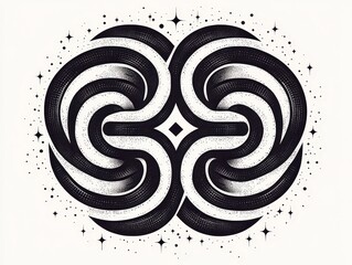 Poster - Abstract black and white pattern featuring swirling shapes and stars, creating a captivating and dynamic visual effect.