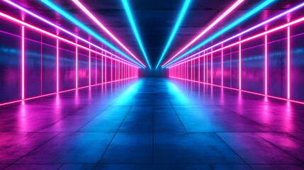 Poster - A tunnel illuminated with neon lights featuring affine transformations of vectors creating a modern and dynamic urban experience.