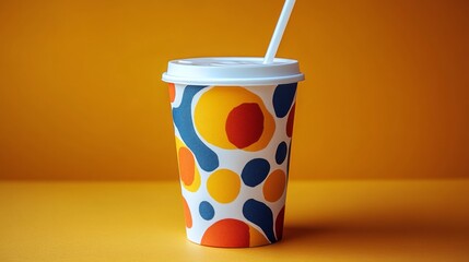 Poster - A cup featuring vibrant dots and circles in yellow, orange, and blue sits against a bold orange background. A white straw rises from the top, adding to its cheerful appearance.