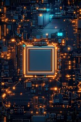 Poster - Futuristic circuit board design with glowing elements surrounding a central processor, illustrating technology and innovation.