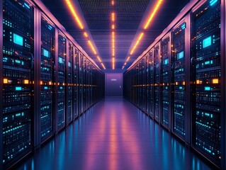 Poster - A high-tech data center corridor lined with illuminated server racks, showcasing a modern digital environment.