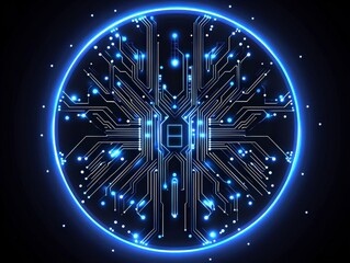 Poster - abstract design featuring a circular pattern of glowing blue lines and dots, resembling a futuristic