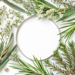 Poster - White circle surrounded by lush green leaves and colorful flowers creating a natural frame