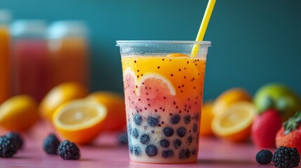 Aufkleber - A vibrant cup of fruit drink contains layers of berries and citrus slices, surrounded by fresh fruits in a lively setting perfect for a summer gathering, creating a cheerful atmosphere.