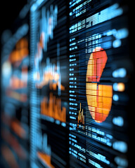 Poster - Data visualization on a screen showcasing various charts and graphs, primarily in shades of orange and blue.  The image highlights financial or market data analysis