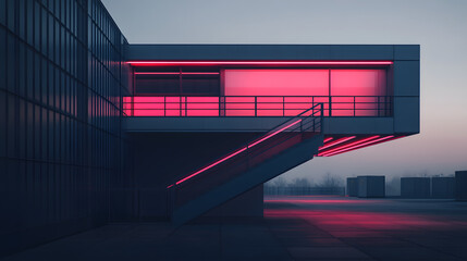 Poster - Captivating building bathed in red light showcasing angular texture designs and illuminated features creating a striking urban night scene.
