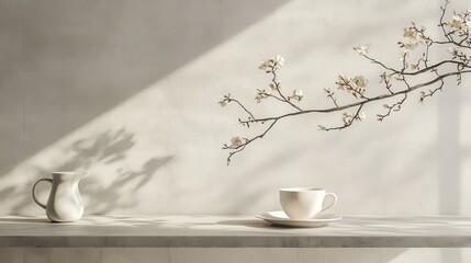 Poster - Charming vase and delicate tea cup gracefully arranged on a rustic table for a cozy afternoon
