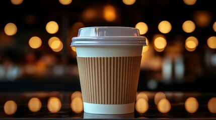 Poster - A disposable coffee cup sits on a table, surrounded by soft glowing lights in a bustling cafe. Warm tones create a welcoming atmosphere perfect for evening relaxation.