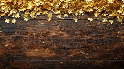 Poster - Rustic wooden background adorned with glittering gold leaves for a touch of natural elegance