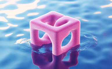 Poster - Pink Fuzzy Cube Floating on Calm Blue Water A Surreal 3D Render of a Soft Textured Geometric Shape