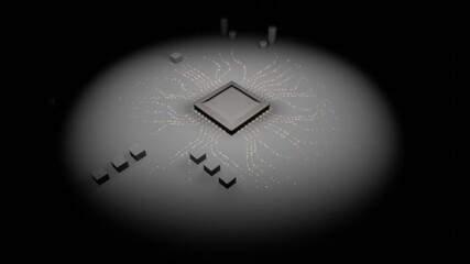Poster - Illuminated processor. Golden glow and data dynamics.