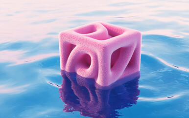 Poster - Pink Fuzzy Cube Floating on Calm Blue Water A Surreal 3D Render