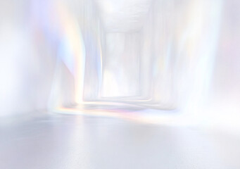 Poster - Abstract iridescent white hallway interior design rendering with soft light reflections and glowing walls