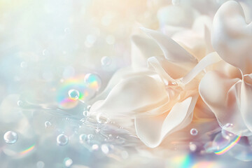 Poster - Closeup of Delicate White Flower Petals Floating on Water with Sparkling Bubbles and Rainbow Reflections