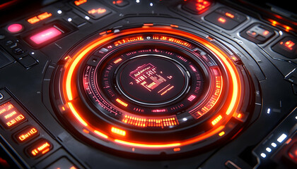 Poster - Glowing futuristic interface with circular display and various control panels.  Intricate details and vibrant orange accents
