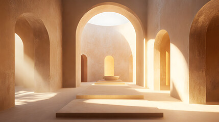 Poster - A room with arches and a bench showcasing balanced line structures and symmetrical designs in earthy tones creating a welcoming atmosphere.