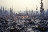 Charred forest land with smoky remnants of a fire showcases nature's resilience amidst stark devastation.