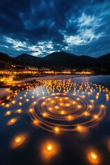 Poster - Lanterns creating a swirling design over a serene village landscape.