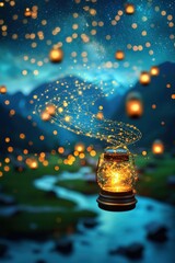 Poster - Lanterns creating a swirling design over a serene village landscape.