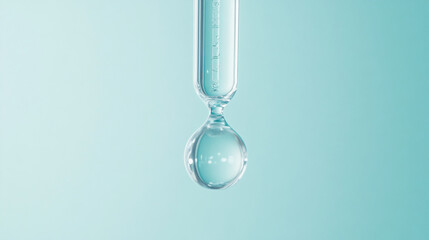 Aufkleber - Clear glass dropper with a single, transparent drop of liquid against a pale blue background, showcasing purity, precision, and scientific or cosmetic concepts
