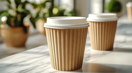 Aufkleber - Two takeout coffee cups sit on a marble table, illuminated by natural light streaming through large windows. Lush greenery adds to the inviting atmosphere.