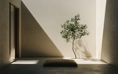 Poster - Small Green Tree in a Sunlit Minimalist Room with Brown Mat on Concrete Floor