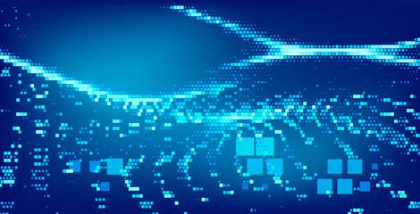 Poster - Digital abstract background featuring a pattern of blue and turquoise squares of varying sizes, scattered across a dark blue backdrop. Cover for technology and digital-themed designs.
