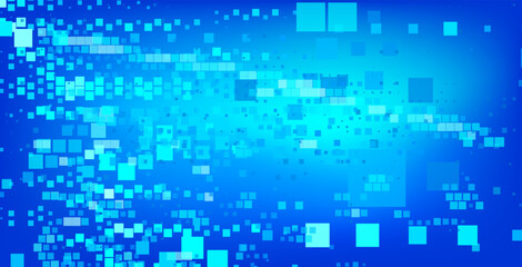 Poster - Digital abstract background featuring a pattern of blue and turquoise squares of varying sizes, scattered across a dark blue backdrop. Cover for technology and digital-themed designs.