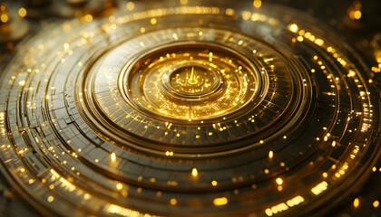 Poster - Glowing concentric circles of gold, intricate details, futuristic design.  Abstract art