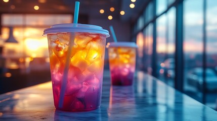 Aufkleber - Vibrant cups filled with ice and layered drinks stand on a marble counter inside a contemporary cafe, illuminated by a warm sunset glow in the background, creating a cozy atmosphere.