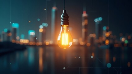 Poster - a glowing light bulb hangs against a blurred cityscape at night, representing innovation and ideas