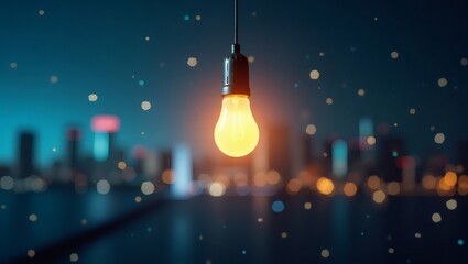 Poster - a glowing light bulb hangs in front of a cityscape at night, sparking creativity and ideas