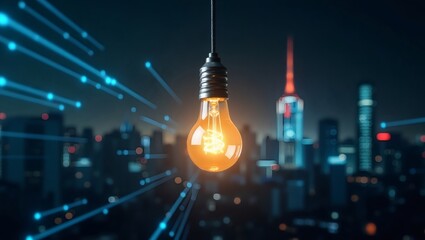 Poster - an illuminated light bulb hanging above a modern city skyline, symbolizing innovation and idea generation