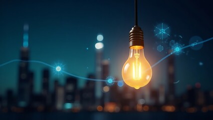 Poster - a glowing light bulb illuminating a cityscape with data lines, suggesting innovation and smart city concepts