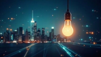 Poster - a glowing light bulb hanging in front of a city skyline, representing innovation and ideas. The image has a futuristic feel, with lines and dots suggesting connectivity and progress