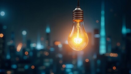 Poster - a lit light bulb shining brightly against a blurred cityscape background, symbolizing innovation and ideas