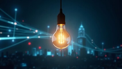 Poster - a glowing light bulb illuminating a cityscape at night, symbolizing innovation and ideas. The city skyline is blurred in the background, creating a sense of depth and wonder