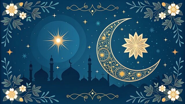 Eid Mubarak Background Featuring Lanterns and Crescent Moon, Creating a Peaceful and Festive Atmosphere