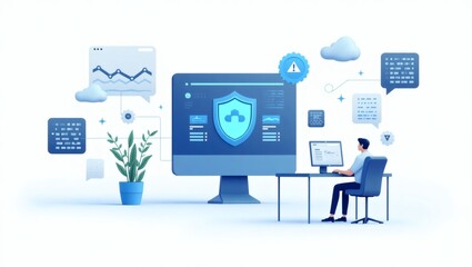 Poster - a man working diligently on a computer, with a prominent shield icon symbolizing cybersecurity measures 