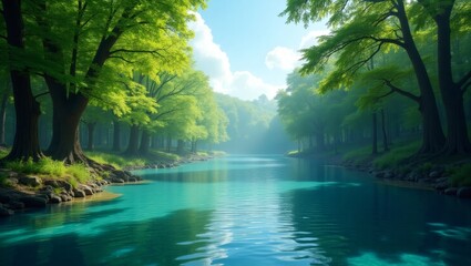Poster - a serene river flows gently through a lush green forest, creating a tranquil and picturesque scene. The crystal-clear water reflects the vibrant trees and sky